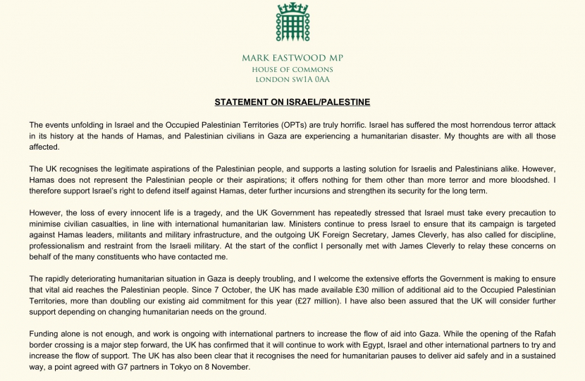 Mark Eastwood's statement on the situation in Israel/Palestine